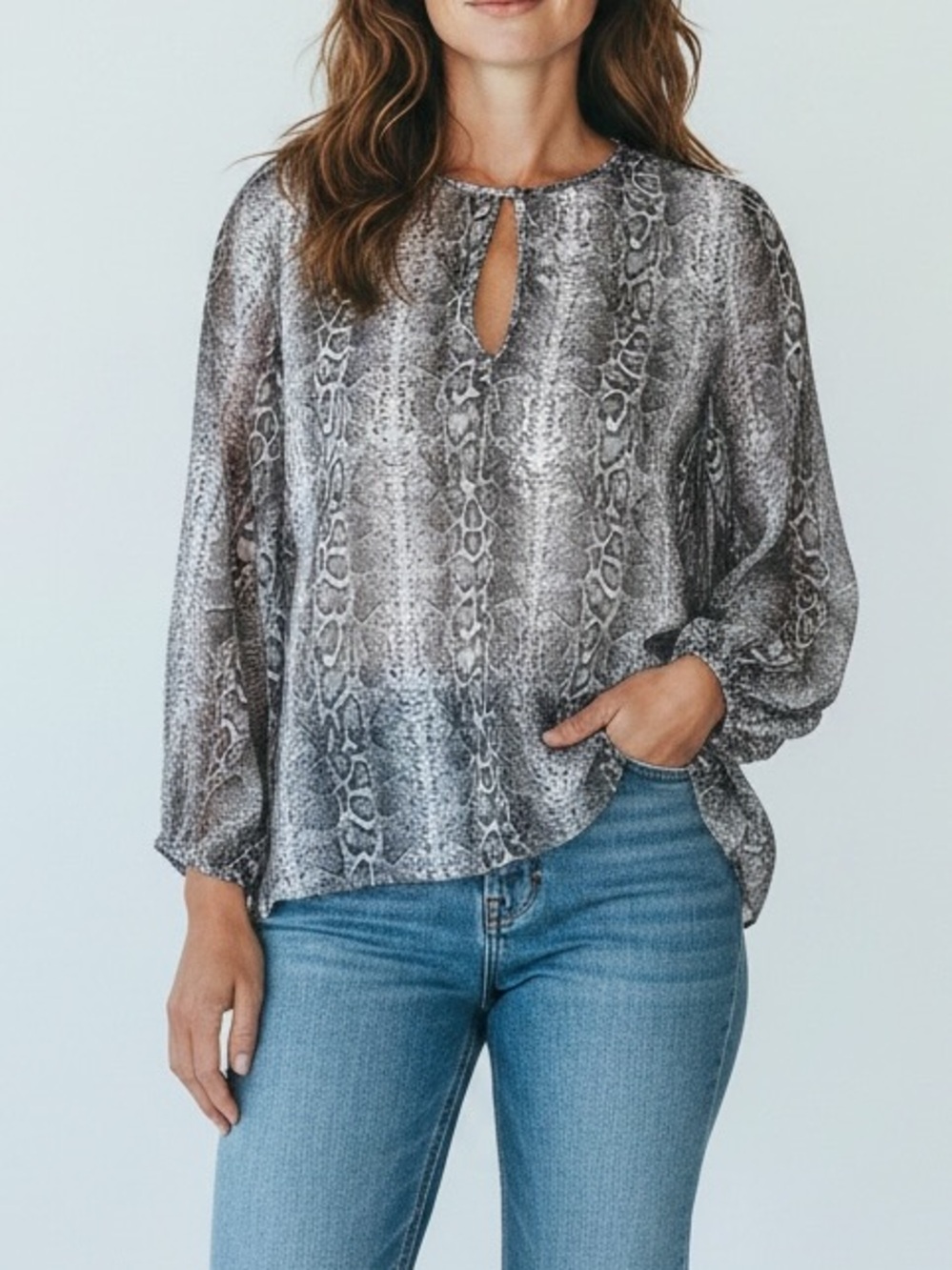 Show Me Your Mumu Snakeskin Semi Sheer Flowy Top